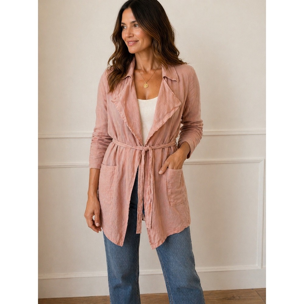 Cynthia Rowley Women Pink 100% Linen Duster Jacket Belted Trench Coat Small